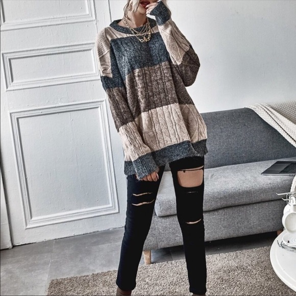 💃🏻 ♥️LAST ONE ♥️ANDREA Color block stripe cable knit sweater - Picture 2 of 8